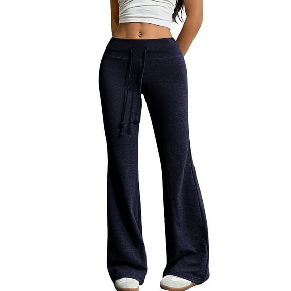 WULMLEO Women's Drawstring Waist Bell Bottom Flare Leg Sweatpants Sports Causal Pants Navy S
