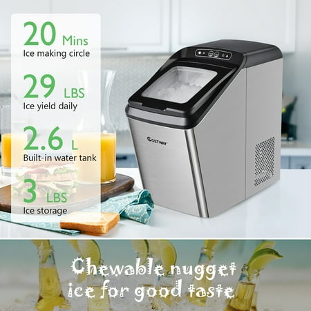 Costway - Nugget Ice Maker Machine Countertop Chewable Ice Maker 29lb/Day Self-Cleaning - Silver