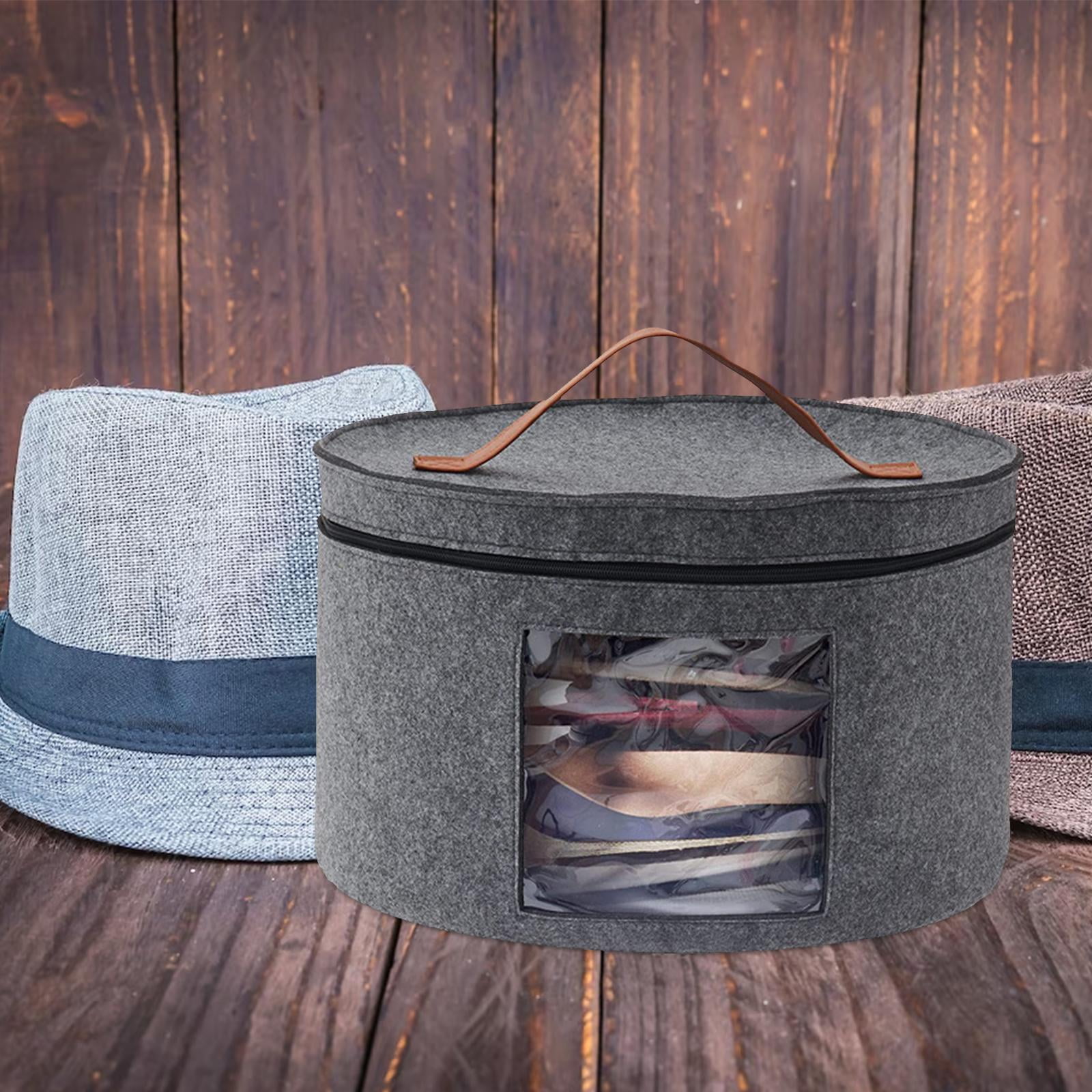 Hat Box 17x17x10in Large Capacity Gray Felt Hat Storage Container Round  Foldable Double Opening Zipper Dust-Proof Hat Storage Bag with Visible  Window for Travel Dorm Home 