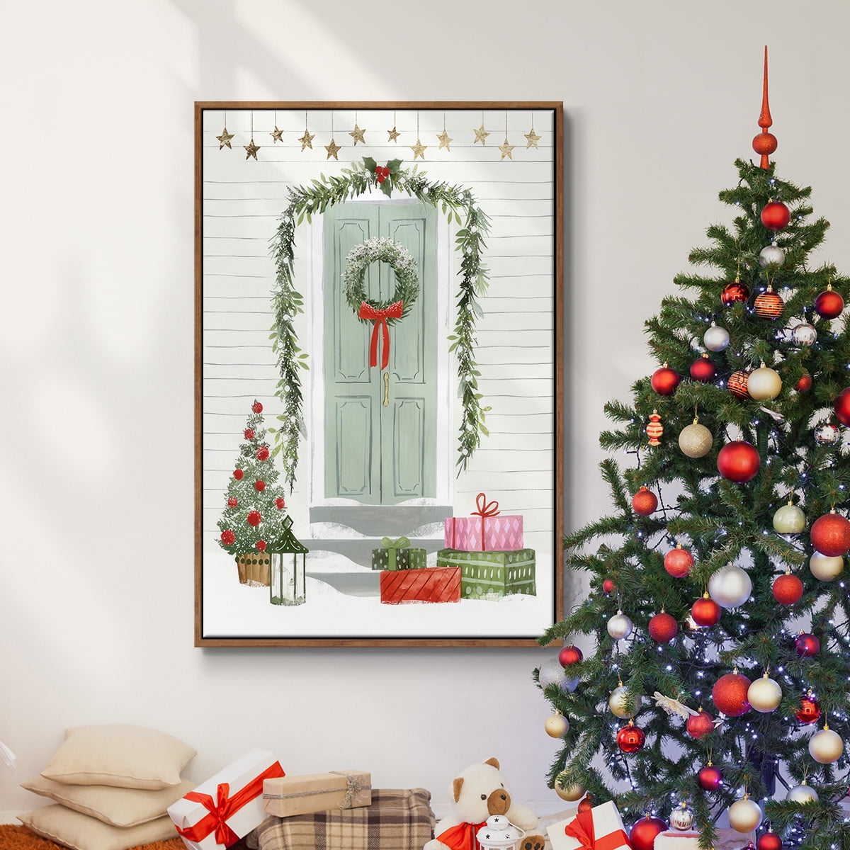 Festive Front Door I - Framed Gallery Wrapped Holiday Canvas - 17 x 25 - Rosewood Frame