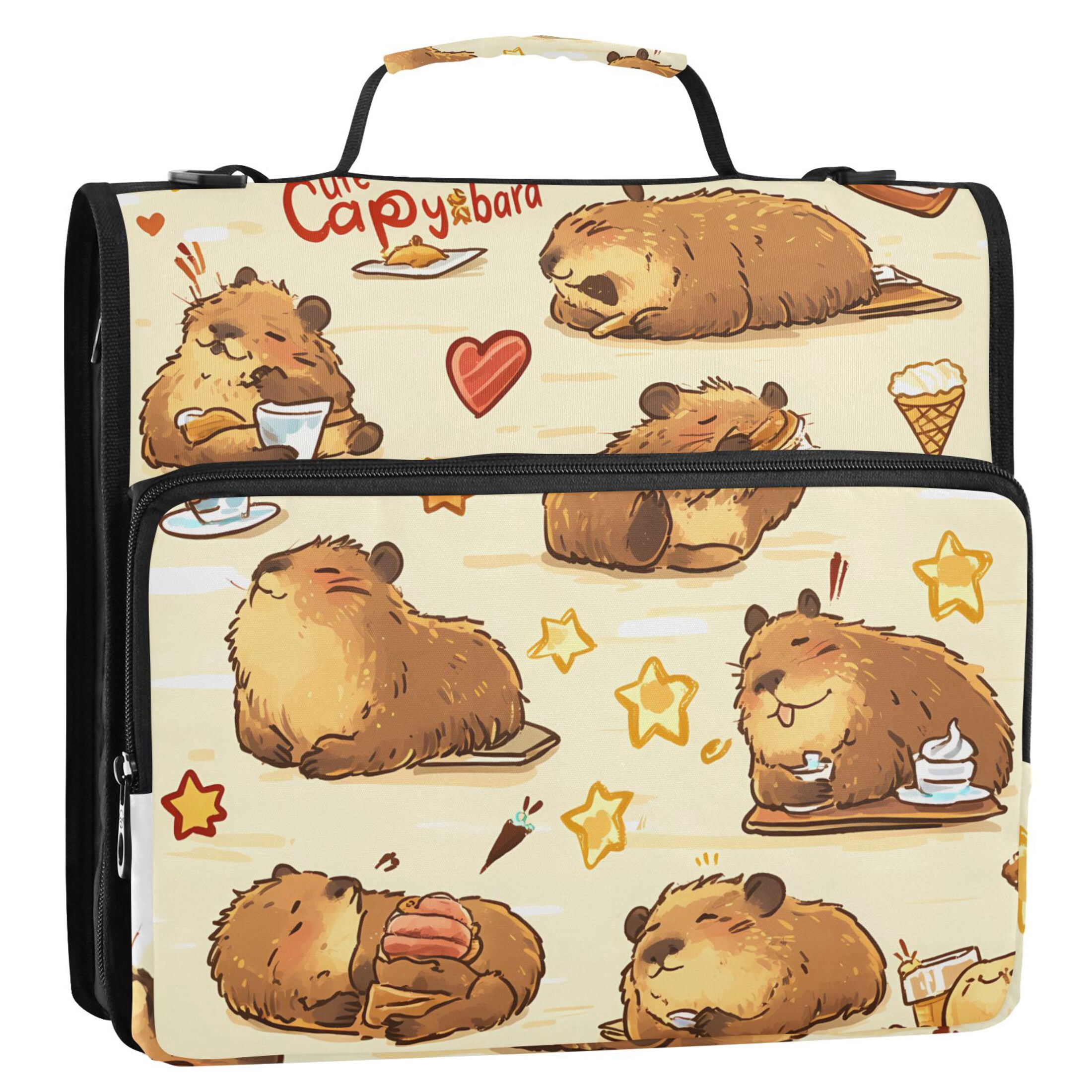 3 Ring Zipper Binder with Shoulder Strap Waterproof Trapper Keeper 2 Inch D-Ring 500 Sheets Capacity Cute Capybaras Doing Various Activities