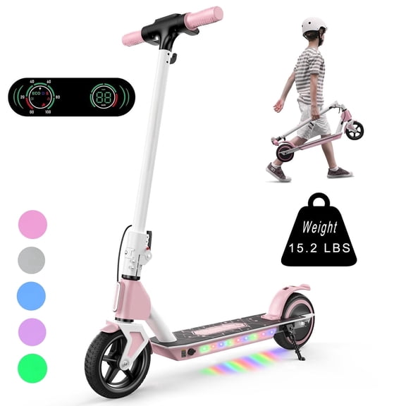 Electric Scooter for Kids Ages 6-14,200W Foldable E-Scooter with 3 Speeds (5/8/12 Mph),LED Display,Colorful Lights,Gift for Kid,Pink