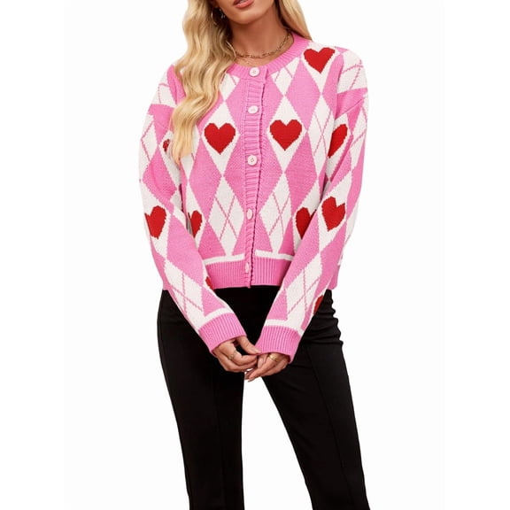 Women'S Color Block Button Down Cropped Cardigan V Neck Long Sleeve Sweater Jackets Rose Red S