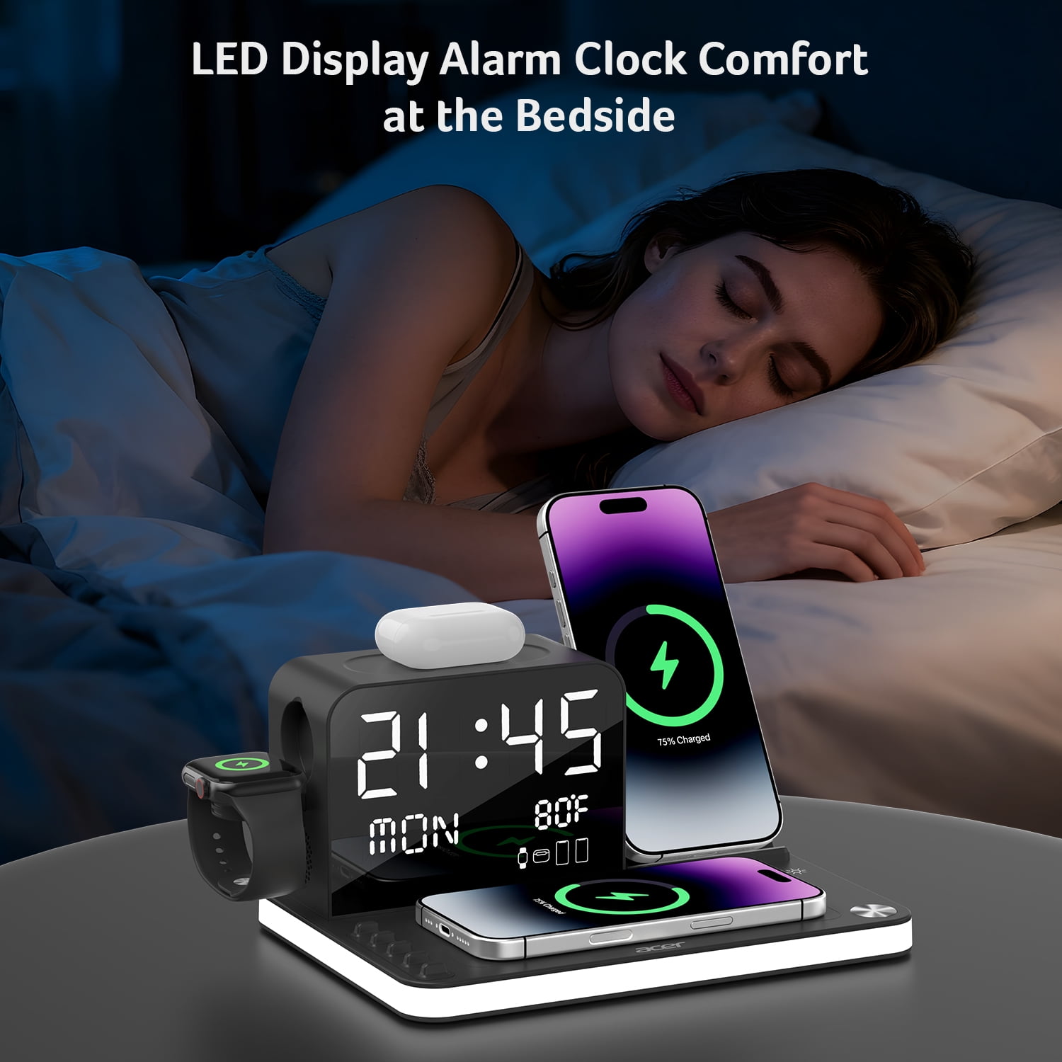 Acer 7 in 1 Wireless Charging Station: Compatible with Apple Multiple Devices - iPhone Apple Watch and AirPods, Charger Stand with Led Night Light