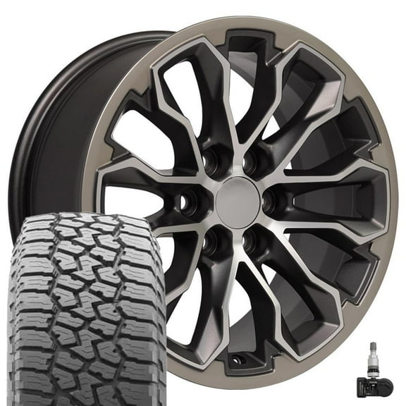 22x9.5 Wheels & Tires Fits GM Trucks - 6 Lug Deep Dish Silverado Style Satin Black with Machined Face with Chrome Inserts with Bridgestone Tires