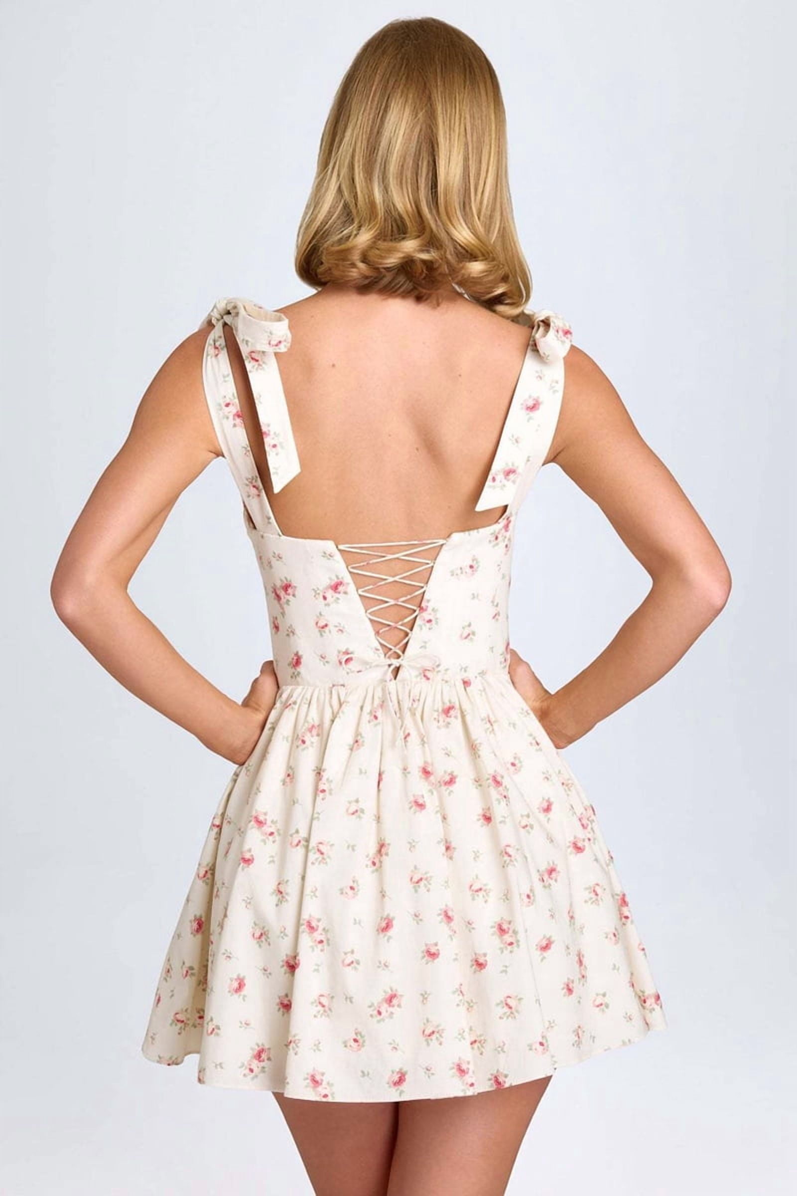 Smocked Ruched A Line Swing Dress Layered Tie Shoulder Flowy - Dress Floral Color M