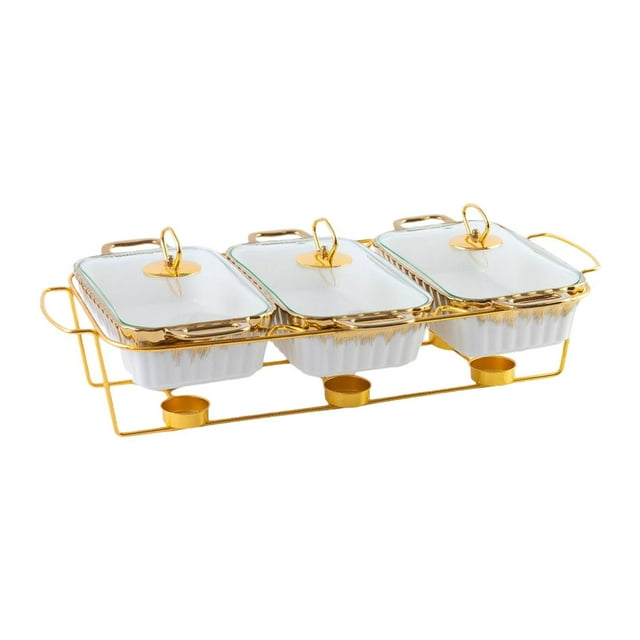 Siruishop Plat Anti-Frottement pour Buffet Plat de Service avec Support Serveur de Buffet Luxe Rectangulaire à Rayures Blanc