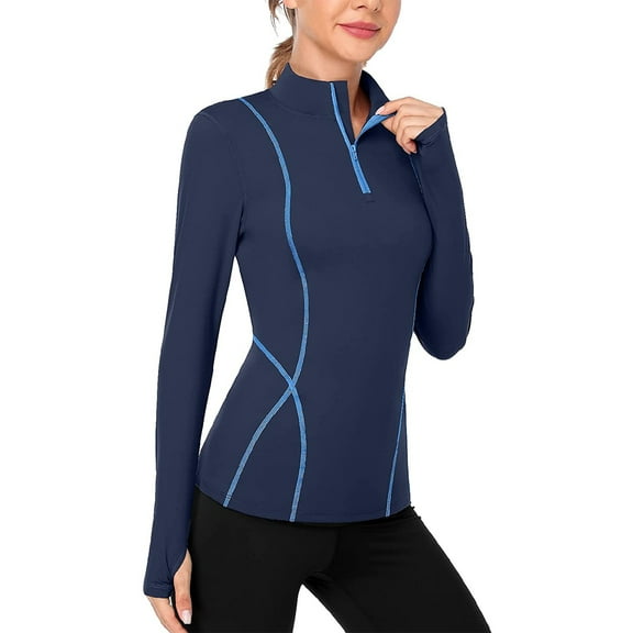 Women's Long Sleeve Workout Tops Zip Thumb Hole Athletic Running Sweatshirt Rash Guard Pullover