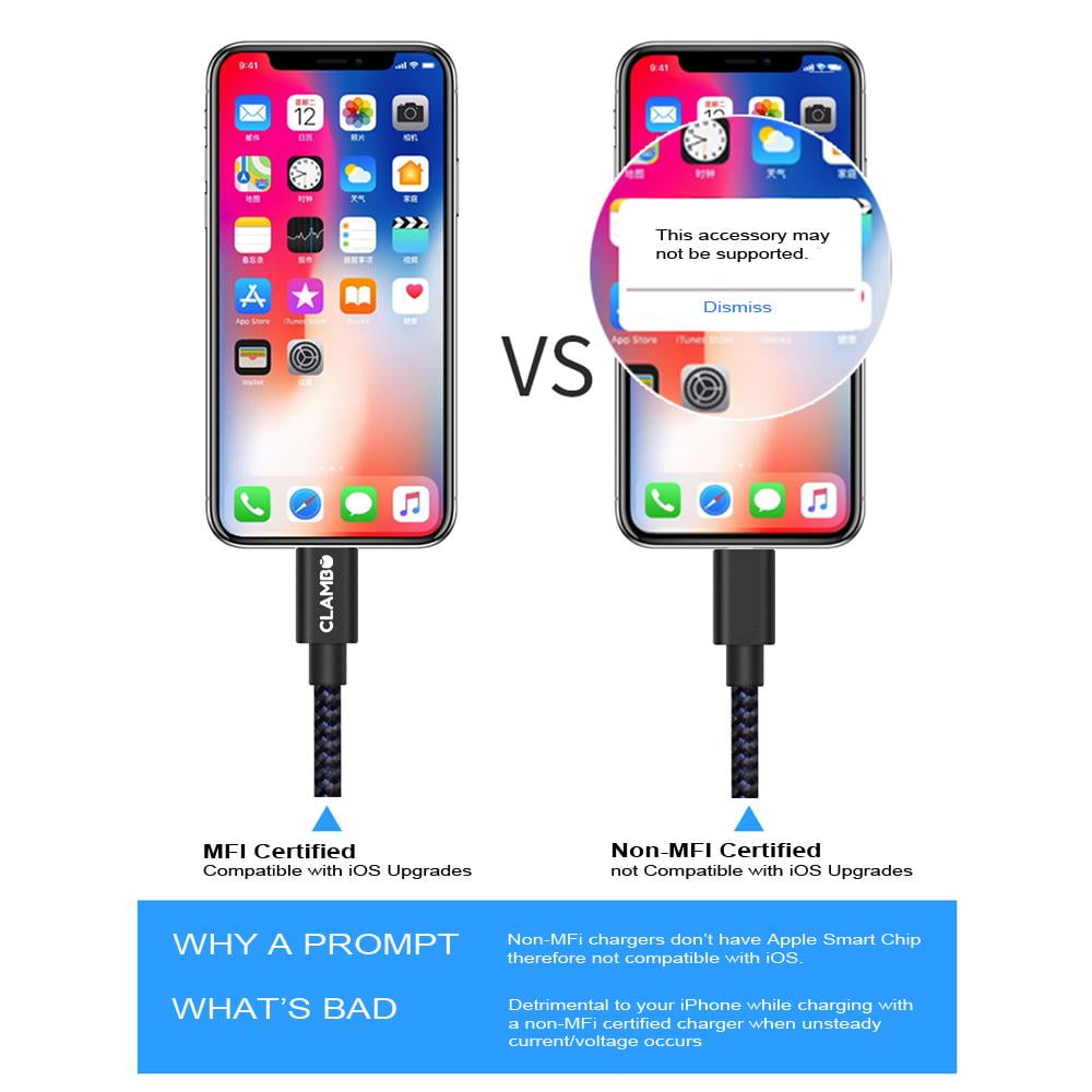 Clambo iPhone Chargers Apple MFi Certified 6.6' Feet Lightning to USB Charger Charging Cables Cords for iPhones - Black