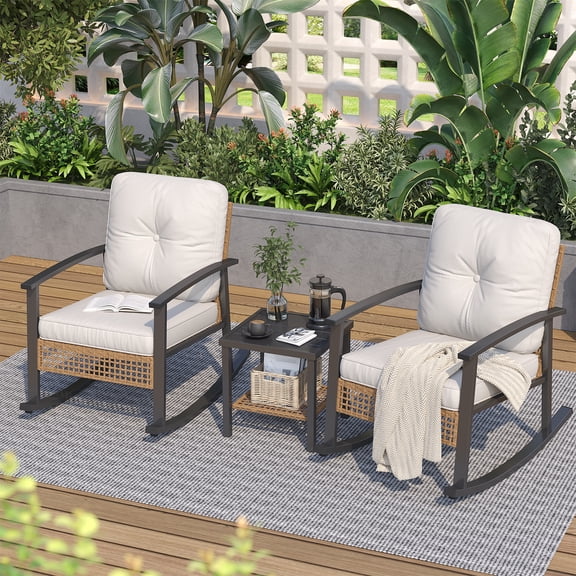BaPiPro 3-Piece Outdoor Rocking Chair Set, PE Wicker Patio Furniture with Water-Resistant Cushions, Galvanized Steel Frame, 2-Tier Coffee Table, for Porch, Backyard, Poolside, Beige