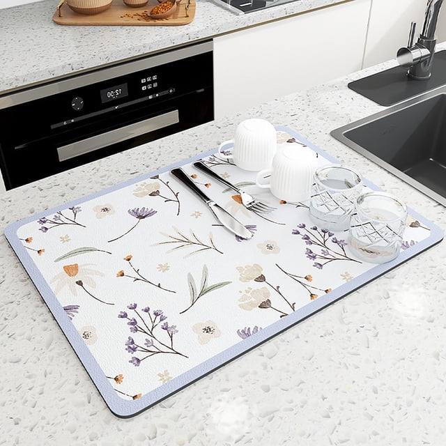 Oleegame 1PC Placemat Absorbent Dish Drying Mat For Kitchen Countertop Dish Drying Pad With Non Slip Rubber Hide Stain Kitchen Mat Coffee Maker Mat For Home Bar Counter White