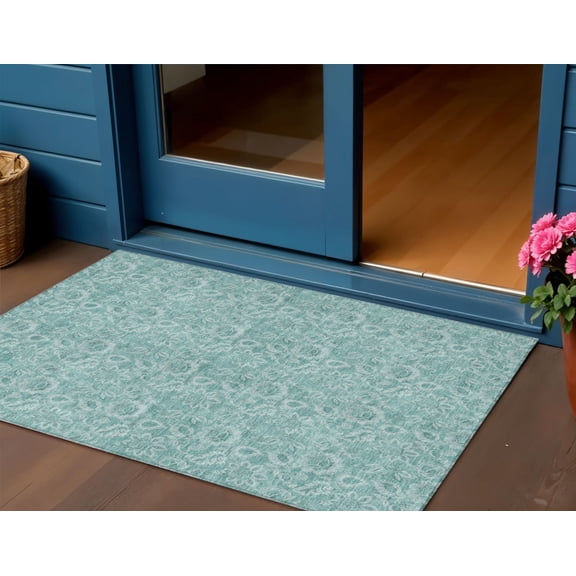 3' X 5' Teal Blue And Aqua Floral Washable Indoor Outdoor Area Rug