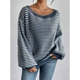 thumbnail image 5 of Women'S 2025 Fall Long Sleeve Casual Loose Striped Off Shoulder Casual Oversized Knitted Sweater Pullovers Blue XL, 5 of 7