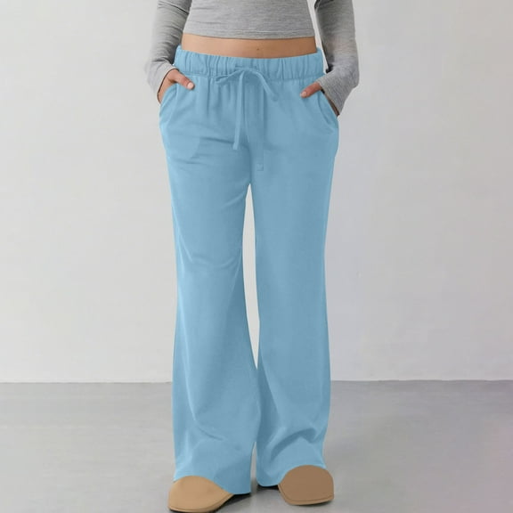 Casual Daily Pants for Women Basic Solid Color Essentials Womens Trousers with Side Pockets Elastic Waist Drawstring Autumn Vacation Fashion Trendy Wide Leg Trousers