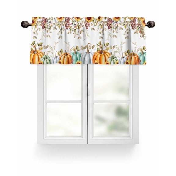 Fall Thanksgiving Kitchen Valances for Windows Orange Teal Green Pumpkin Valance Curtains for Kitchen /Living Room/Bedroom/ Bathroom Decor, 54"x18 " ,Rod Pocket 1 Panel, Leaf Sunflower White