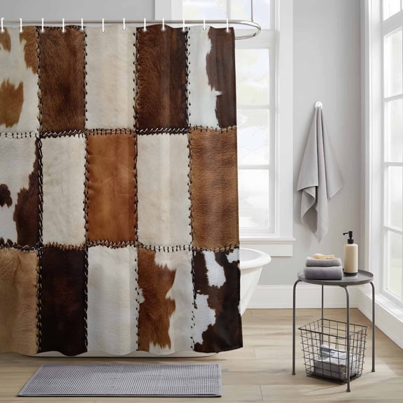 Bathroom Shower Curtain Rustic Cow Animal Fur Waterproof Shower Curtains with Hooks, Farmhouse Leather Brown White Bath Curtains Bathtub Curtain Home Decor 36x72in