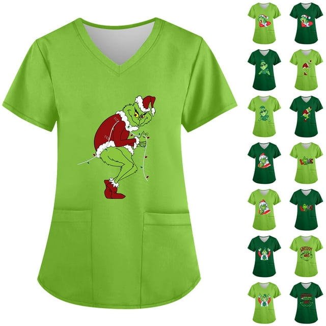 LINMOUA The Grinch T-shirts de Travail à Manches Courtes Imprimés Mode pour Femmes Col en V avec Poche