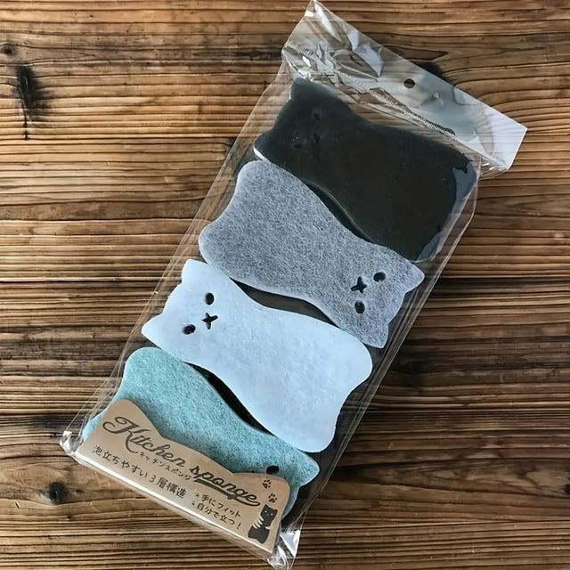 4-Pack Heavy-Duty Kitchen Sponges, Triple-Layer Cat Design, Multi-Purpose, Natural Fiber Compression Synthesis, Efficient Dishwashing & Stain Removal, Commercial Cleaning Tools