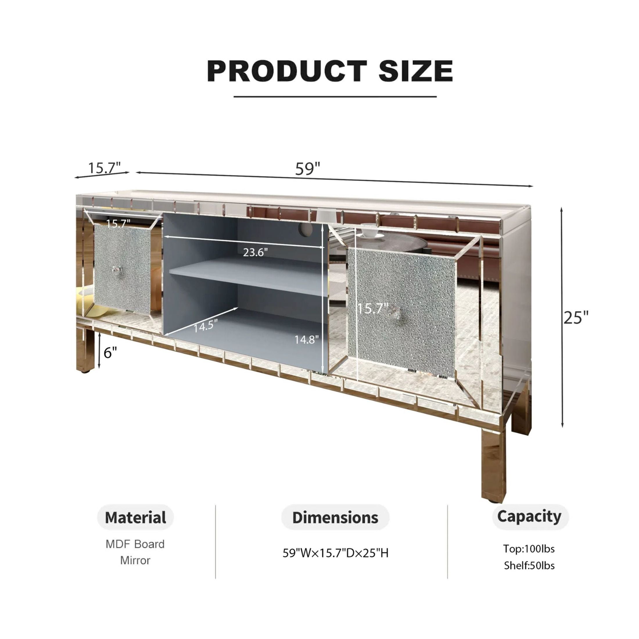 Noble House 60" Modern Mirrored TV Stand, Crushed Diamond Glass Doors Media Console with Adjustable Storage, Silver