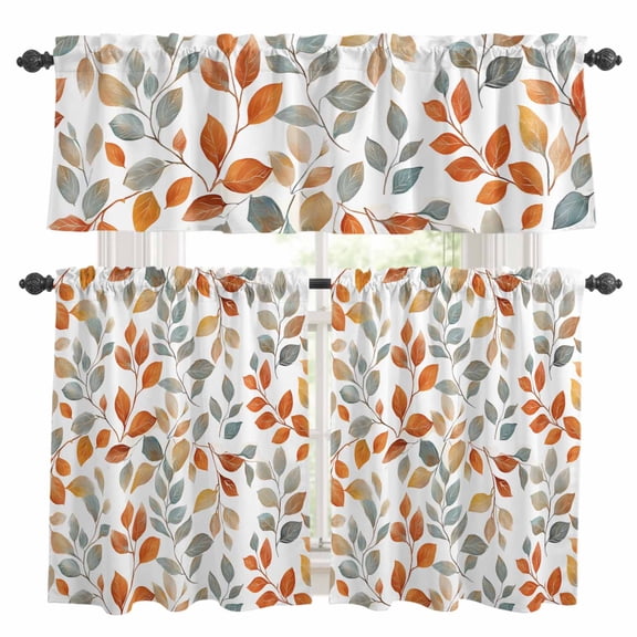 Orange Green Botanical Kitchen Curtains Sets for Windows 24 Inch Length, Watercolor Spring Floral Rod Pocket Window Treatments Tier Curtains and Valances Set for Bedroom/Bathroom