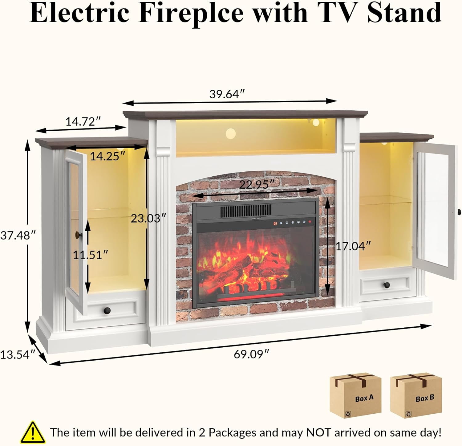 LAZZO TV Stand with Fireplace , 69" Modern Entertainment Center with Cabinets, Realistic Stacked Stone, 23" Electric Fireplace with Remote-Controlled Flame, White