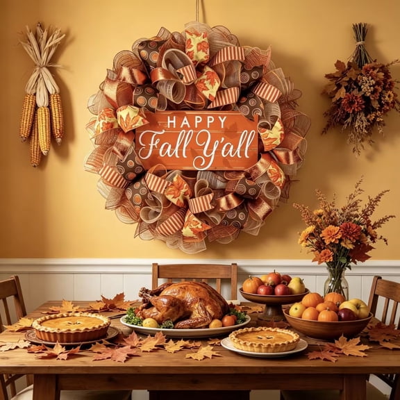 FeiFu Fall Mesh Wreath with Wooden Sign "Happy Fall Y'all", Round Decorative Wreath for Front Door Wall Seasonal Home Decor, Corona de Otoño con Letrero de Madera