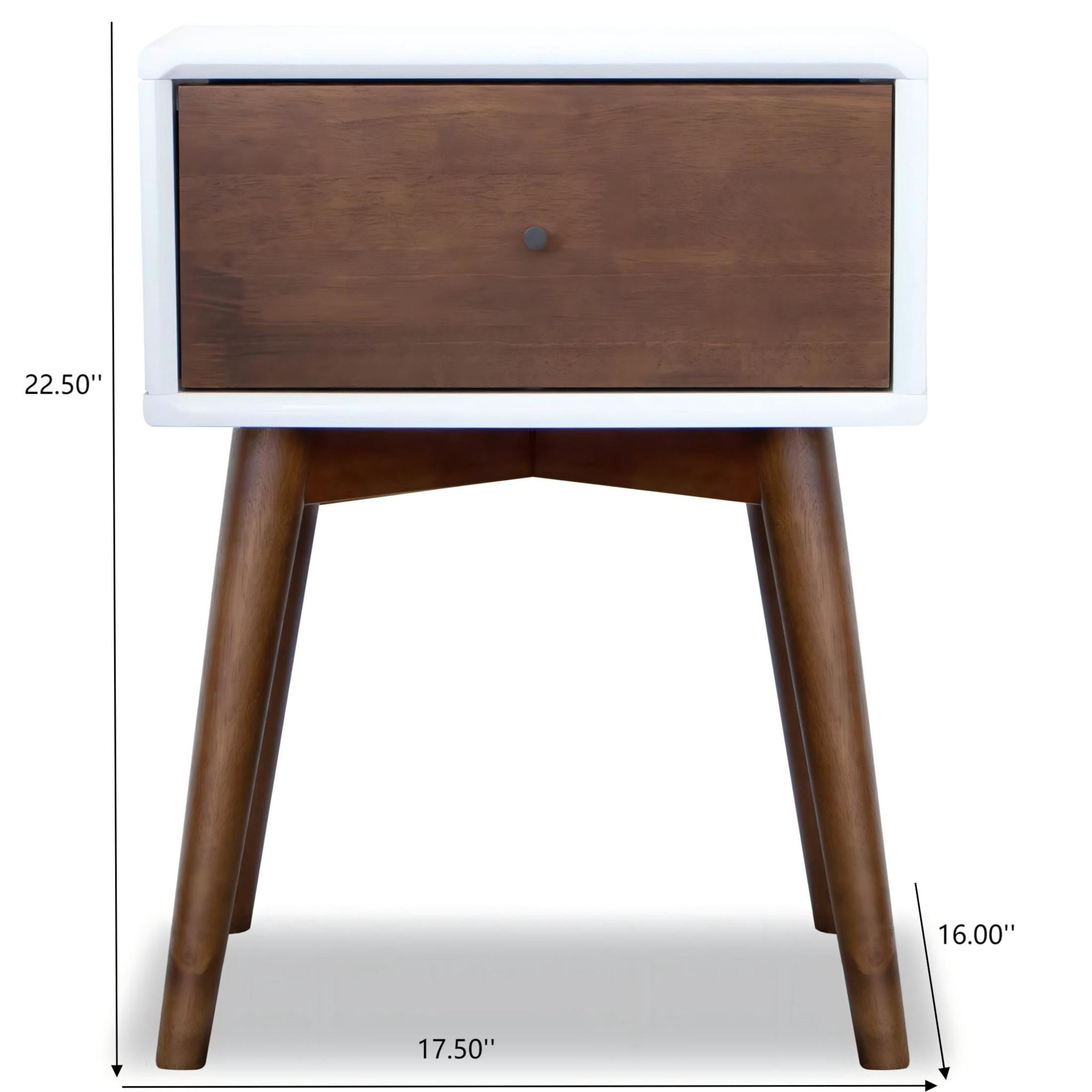Noble House Avery Mid-Century Modern Nightstand, Solid Walnut Wood Compact Storage Table, Dark Brown and White
