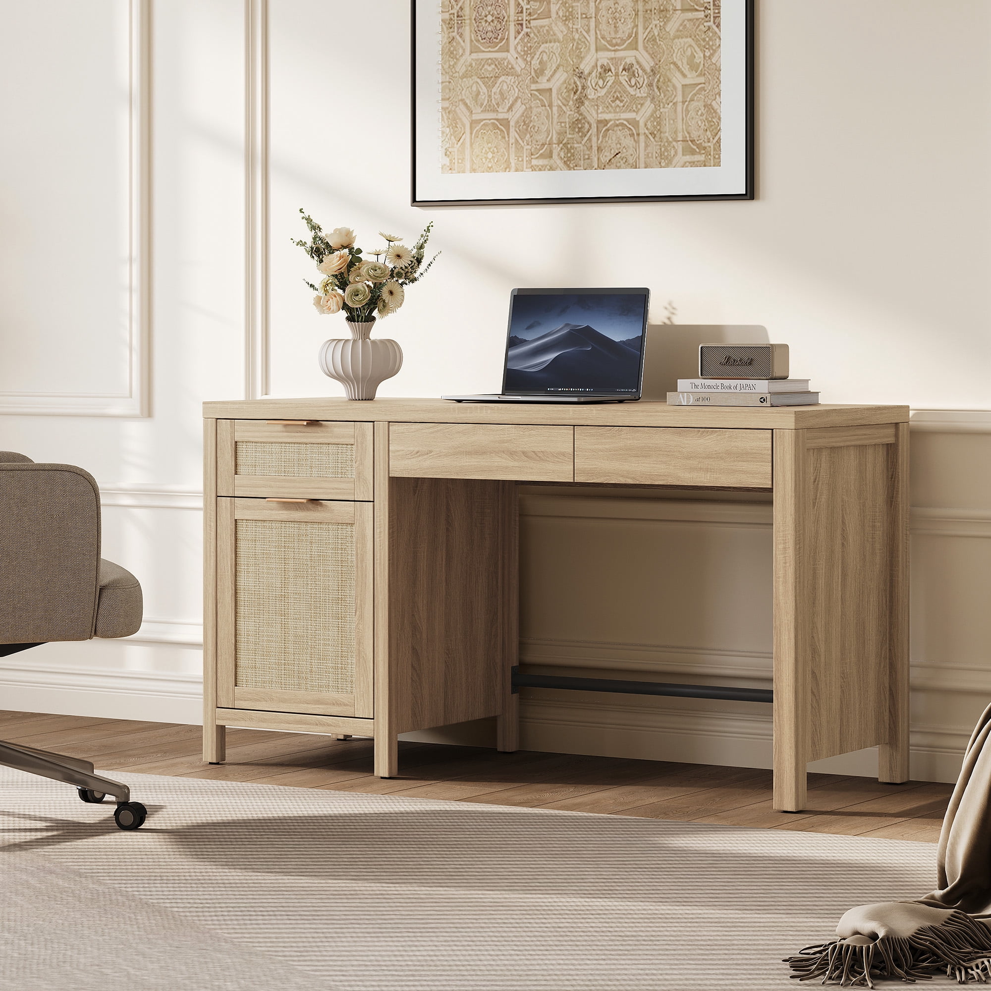 SICOTAS 55" Wide Writing Desk with Rattan Decor & Hidden Drawers Set of 2–Spacious Desktop for Dual Monitors, Adjustable Shelf, Sturdy Engineered Wood, Boho Style for Home Office or Vanity
