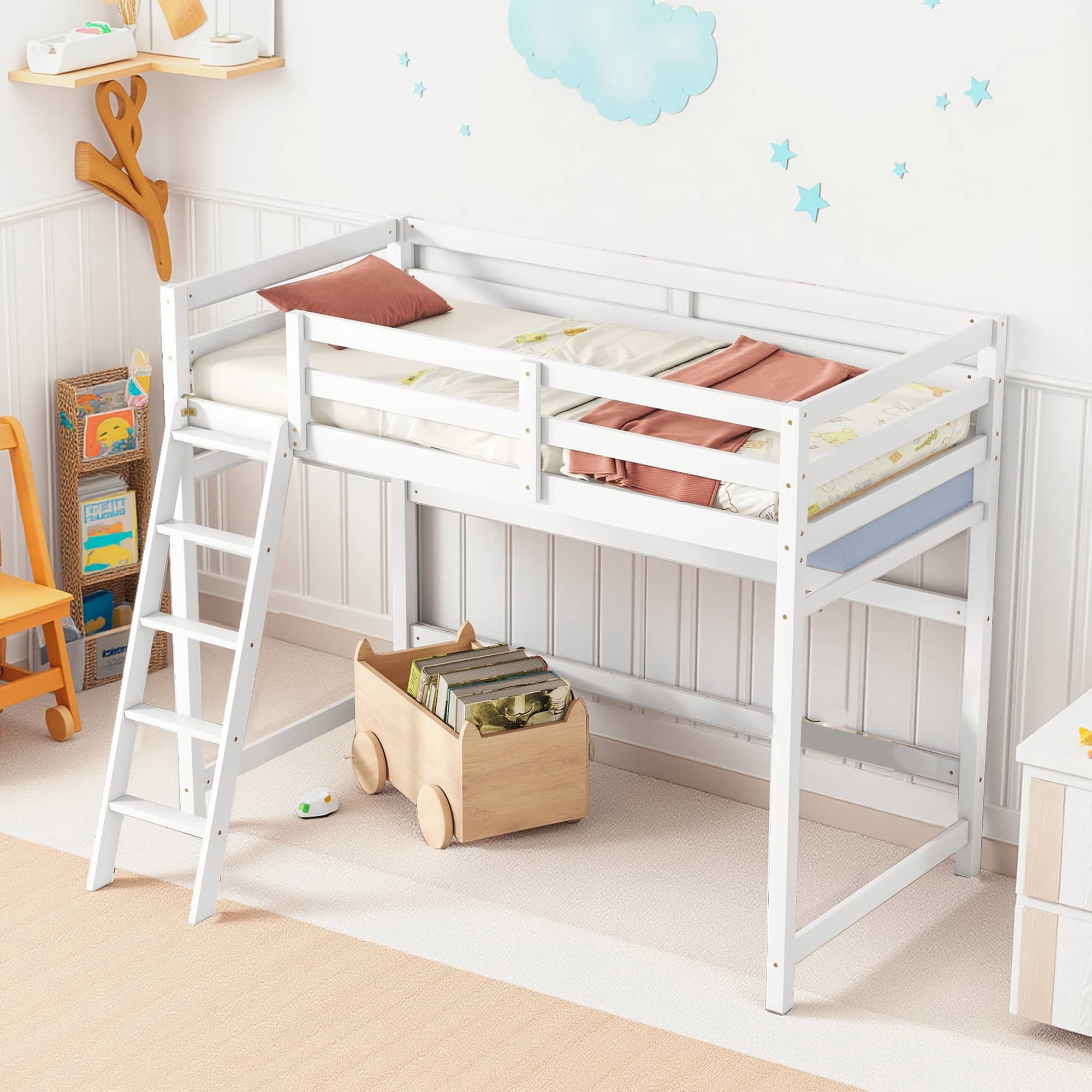 MAYEERTY Twin Size Loft Bed with Inclined Ladder, Guardrails, White