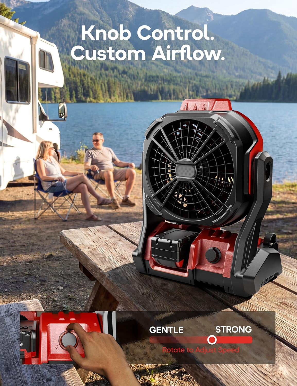 Battery Operated Fan, for Milwaukee M18 18V Battery, Camping Fan Cordless, Option for Corded, with LED Lights, Variable Speed, Hook for Hanging, for Jobsite, Red(Bare Tool Only)