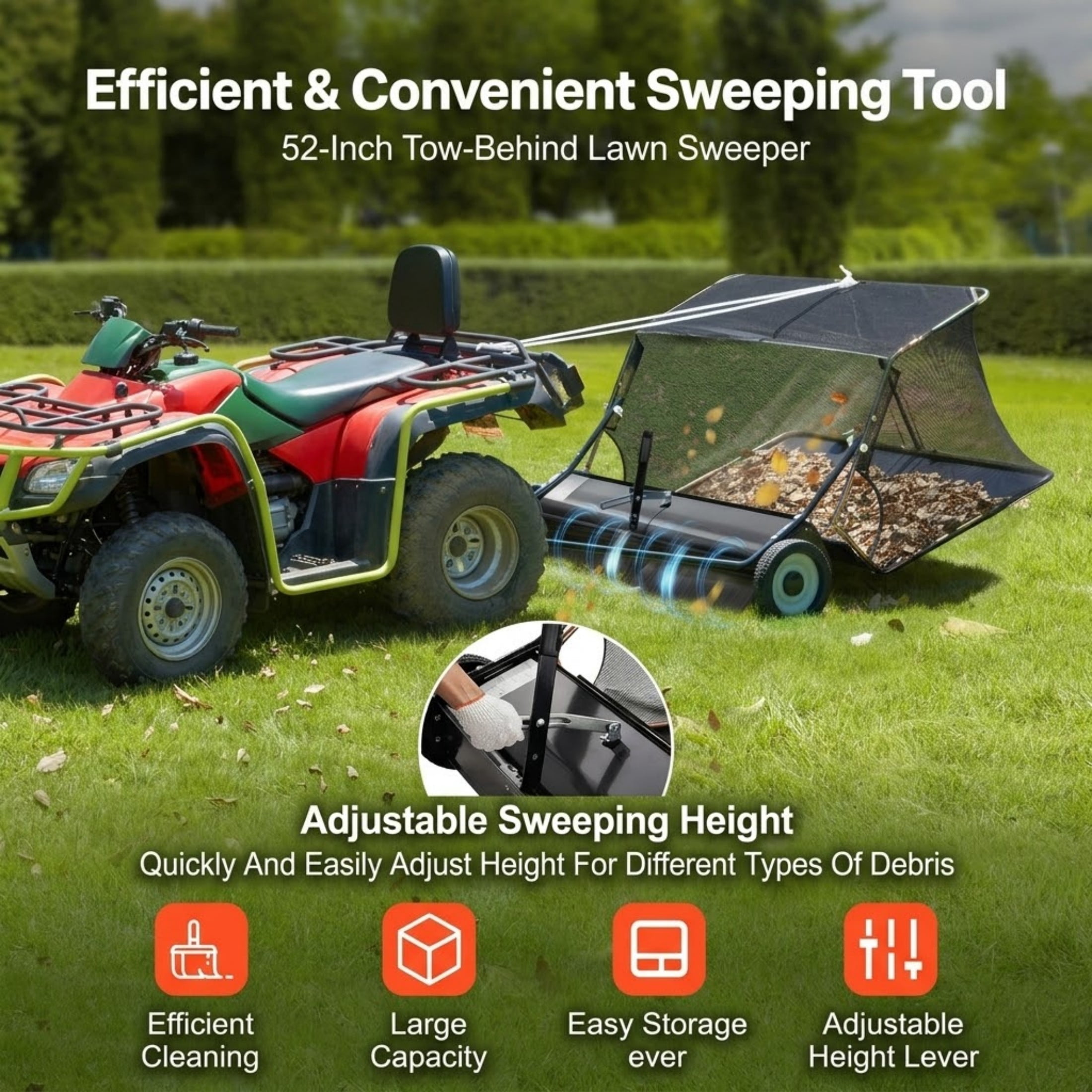 52-Inch Tow Behind Lawn Sweeper, 26 cu.ft. Large Capacity Yard Sweeper with Adjustable Height and Dumping Rope, Heavy Duty Leaf & Grass Collector
