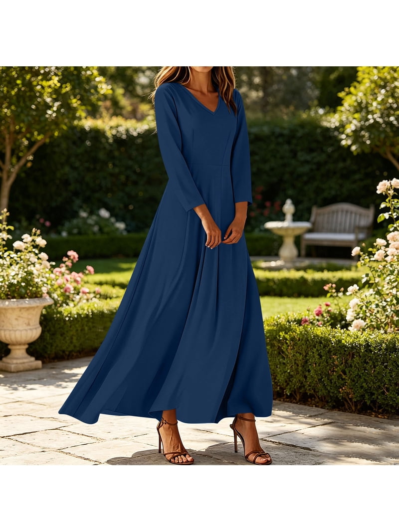 V Neck Dress for Women Long Sleeve A Line Cinched Waist Solid Color ...