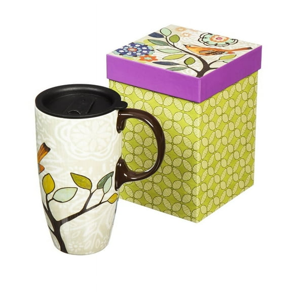 Bird Bliss Ceramic Latte Travel Cup w/Gift Box , 17 oz.