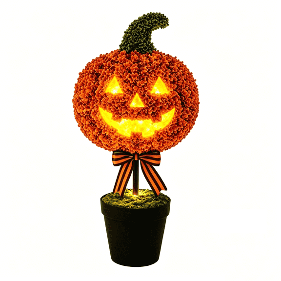 27.6" Artificial Pumpkin Shaped Topiary Trees, Faux Brown Boxwood Halloween Decorations, Thanksgiving Potted Plant Decor for Front Door Porch Living Room Office (1pcs)