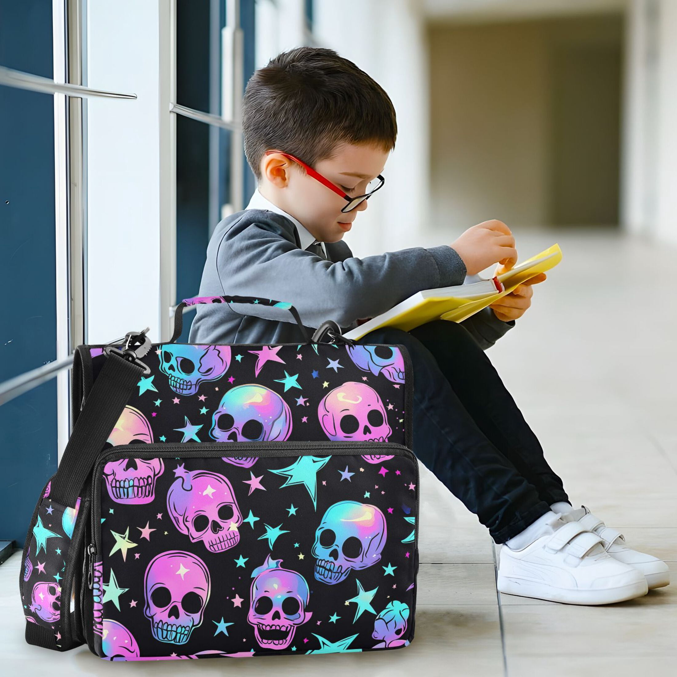 3 Ring Zipper Binder with Shoulder Strap Waterproof Trapper Keeper 2 Inch D-Ring 500 Sheets Capacity Neon Skulls and Stars