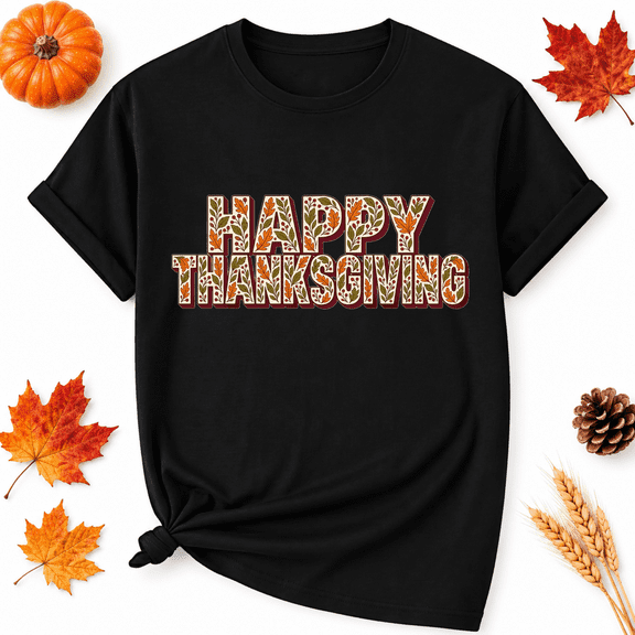 KeHetSoft Happy Thanksgiving Patterned Lettering Cotton Graphic Unisex T-Shirt