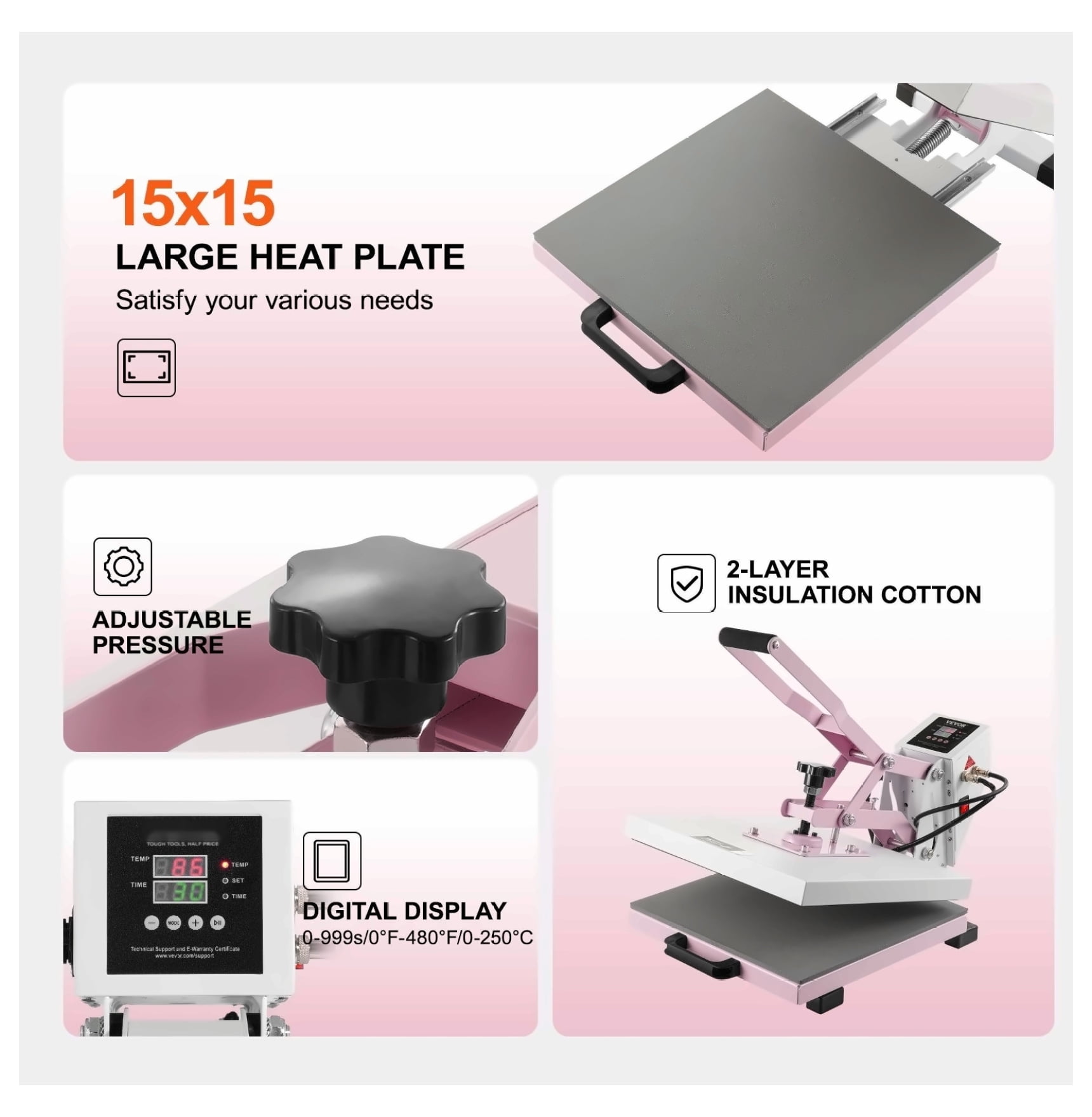Heat Press Machine 15x15 Pink Slide Out Transfer Press for T-Shirts, Pillowcases, DIY Crafts with Digital Control
