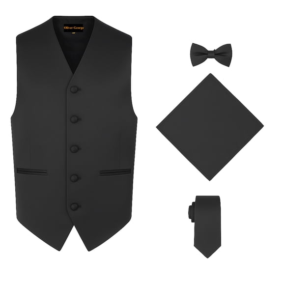 Oliver George 4pc Men's Solid Formal Suit Waistcoat Tuxedo Dress Vest Necktie BowTie Handkerchief Set For Suit or Tuxedo Black Medium
