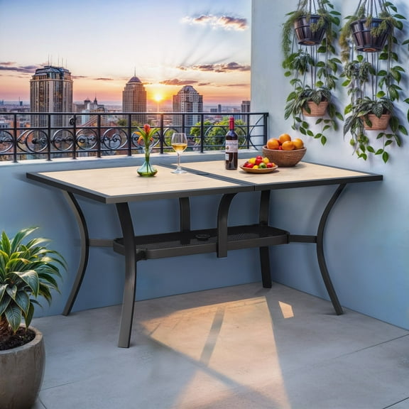 Wooflex Rectangular Outdoor Dining Table with Black Iron Frame & Brown Wood Plastic Top, Detachable for Outdoor Backyard & Garden