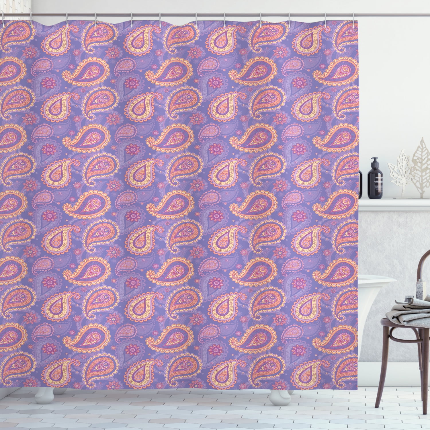 Ethnic Shower Curtain, Traditional Bohemian Paisley Pattern Ornamental