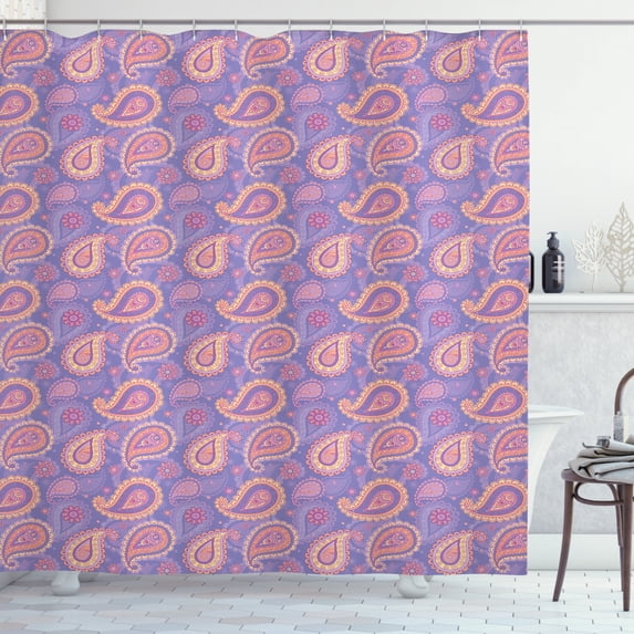 Ethnic Shower Curtain, Traditional Bohemian Paisley Pattern Ornamental Persian Psychedelic Folk, Fabric Bathroom Set with Hooks, 69W X 84L Inches Extra Long, Lavender Peach Cream, by Ambesonne