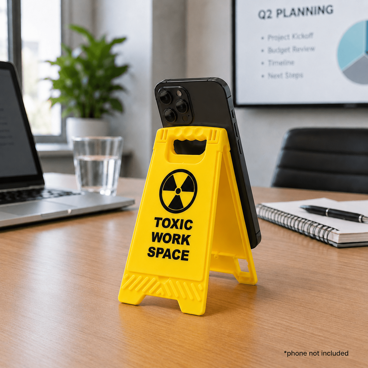 Warning Sign Desk Accessory with Phone Stand and Mirror, 3.11 x 5.43 in