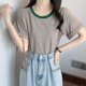 thumbnail image 4 of Camiseta de manga corta con ajuste relajado para mujer, camiseta elástica con cuello redondo a rayas de fibra de leche para desplazamientos, 4 of 8