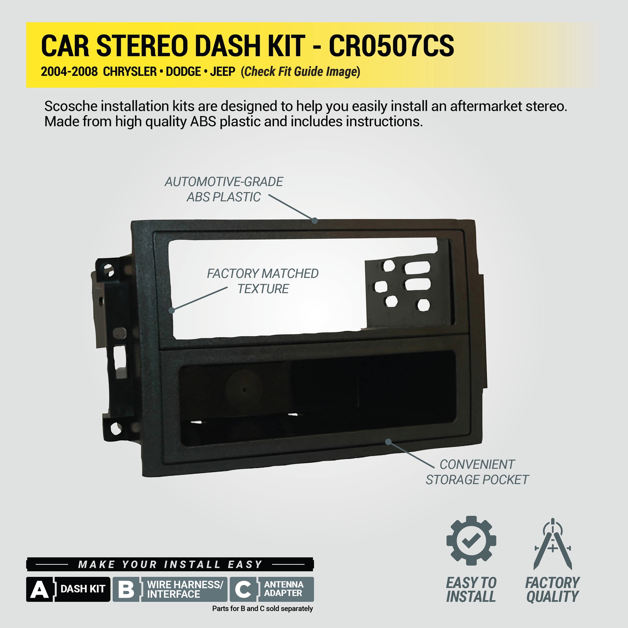 Scosche CR0507CS Double DIN Radio Dash Kit Compatible with Select 2004-08 Chrysler, Dodge, and Jeep