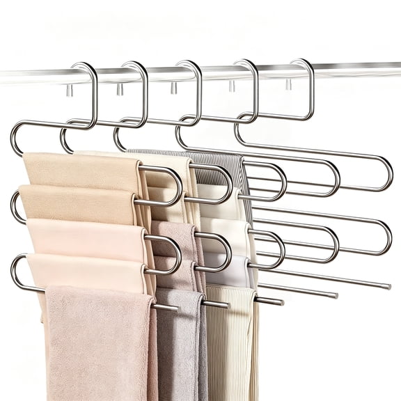 Pants Hangers Non-Slip S-Shape 4 Pack Trousers Hangers Stainless Steel Clothes Hangers Closet Storage Organizer for Pants Jeans Sca