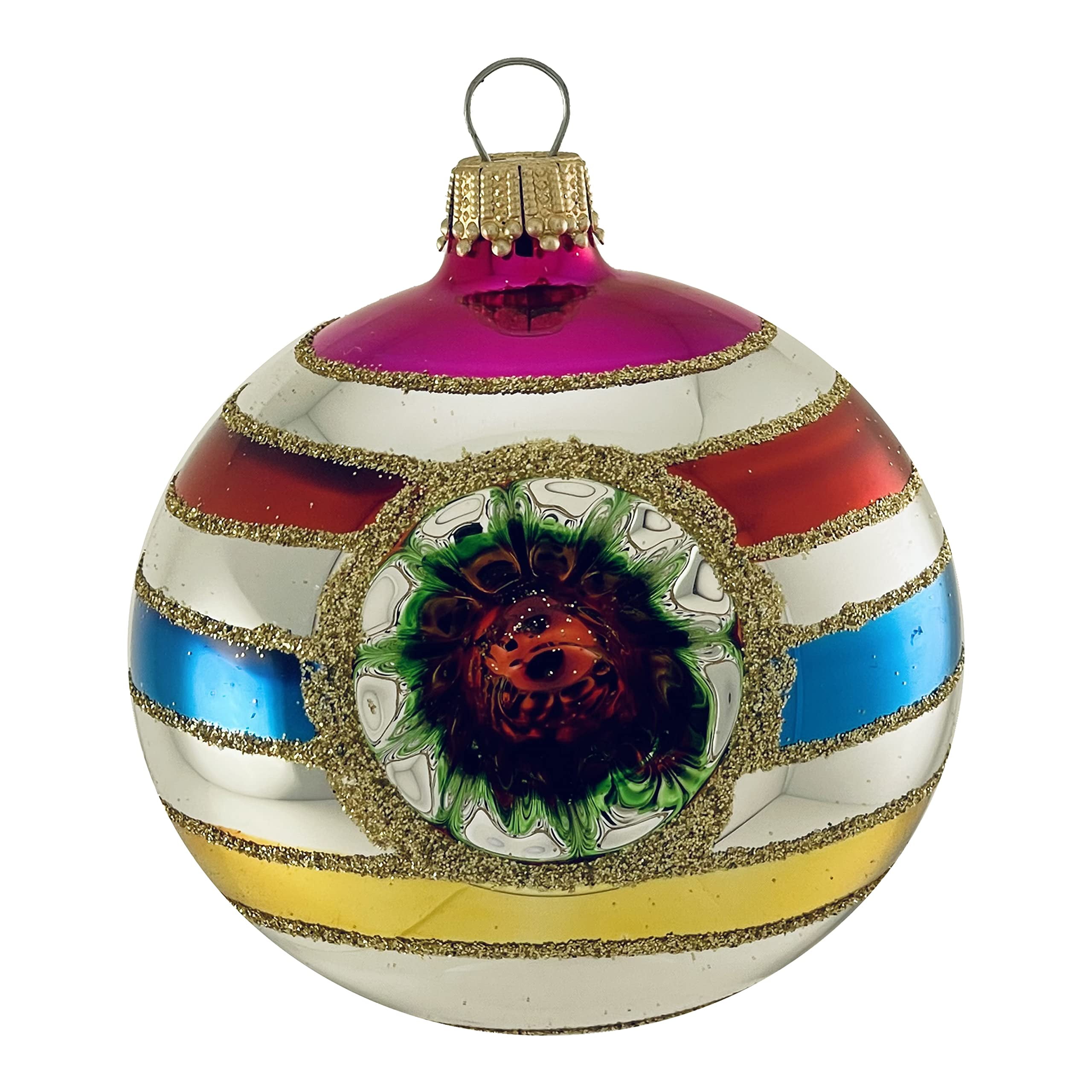 Glass Christmas Tree Ornaments - 67mm/2.63" [4 Pieces] Decorated Balls from Christmas by Krebs Seamless Hanging Holiday Decor (Bright Silver Reflector with Multicolor Lines)