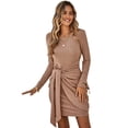 thumbnail image 2 of SAYOO Women's Tie Waist Sweater Dress, Long Sleeve Round Neck Solid Color Ruched Knit Dress, 2 of 9