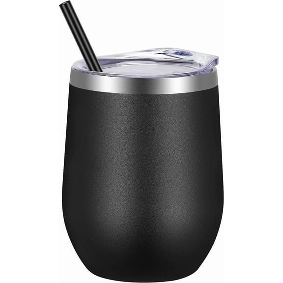 Konexial 12oz Stainless Steel Wine Tumbler with Lid and Straw, Double Wall Vacuum Insulated Stemless Wine Glass Tumbler Cup, Coffee Mug for Cold Hot Drinks