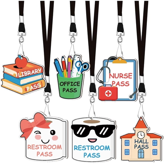 6 Pcs 6 Styles School Nurse Office Pass Nurse Passes Cartoon Pattern Classroom Restroom Library Hall Durable Wooden Slips with Lanyards