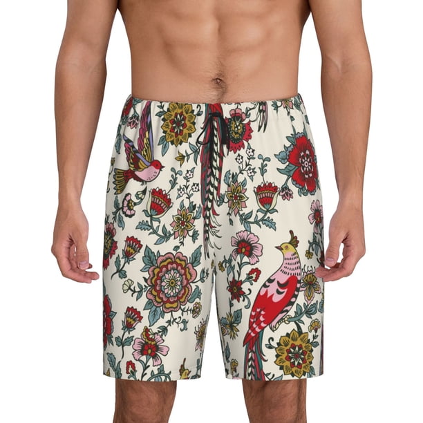 Balery Dark Enchanted Flowers And Birds Pantalones cortos de pijama de punto de algodón para hombre con cinturilla y bolsillos-3X-Large